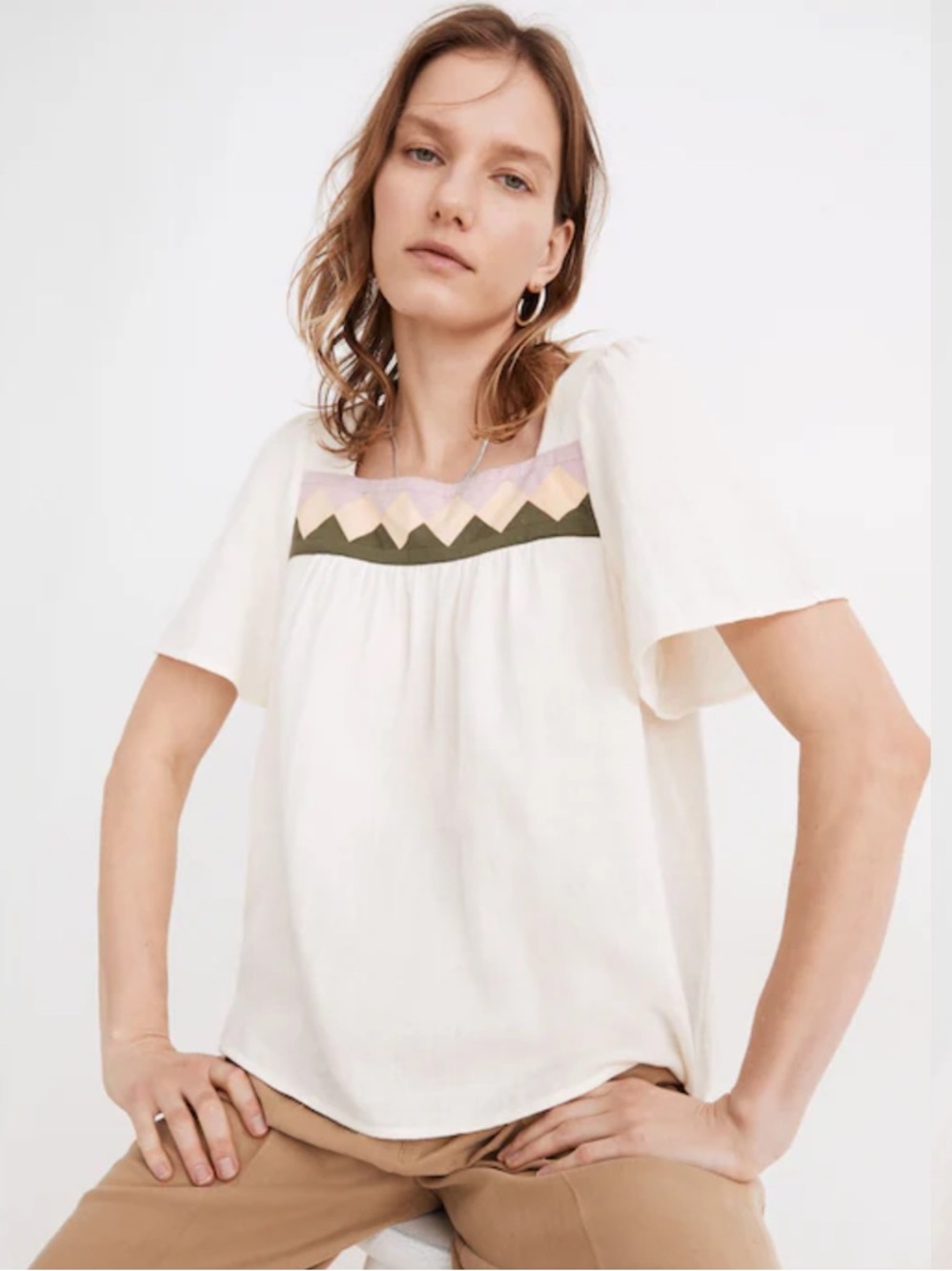 Madewell Women's Cream Patchwork Square-Neck Embroidered Top